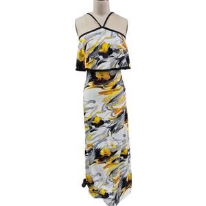 70s Vtg Leslie J  Halter Dress Blk/Wht/Yellow Watercolor Floral Maxi S